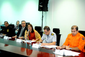 O diretor-geral do Detran-DF, Jayme Amorim, o diretor-geral da Polícia Civil, Eric Seba, a secretária da Segurança Pública e da Paz Social, Márcia de Alencar, o comandante-geral da Polícia Militar, coronel Marcos Antônio Nunes, e o comandante-geral do Corpo de Bombeiros, coronel Hamilton Santos Esteves.