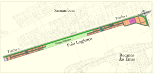 A área, de 260 hectares, fica entre o Recanto das Emas e Samambaia, na BR 060. A estimativa é que no local haja oferta adequada de comércio e serviços de apoio ao polo logístico | Imagem: Reprodução